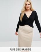 Club L Plus Wrap Front Top With Long Sleeves - Black