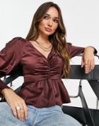 Asos Design Long Sleeve Blouse With Ruched Front And Volume Sleeve In Wine-no Color