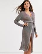 Sorelle Uk Knitted Shimmer Wrap Midi Dress With Tie Belt In Rainbow-multi