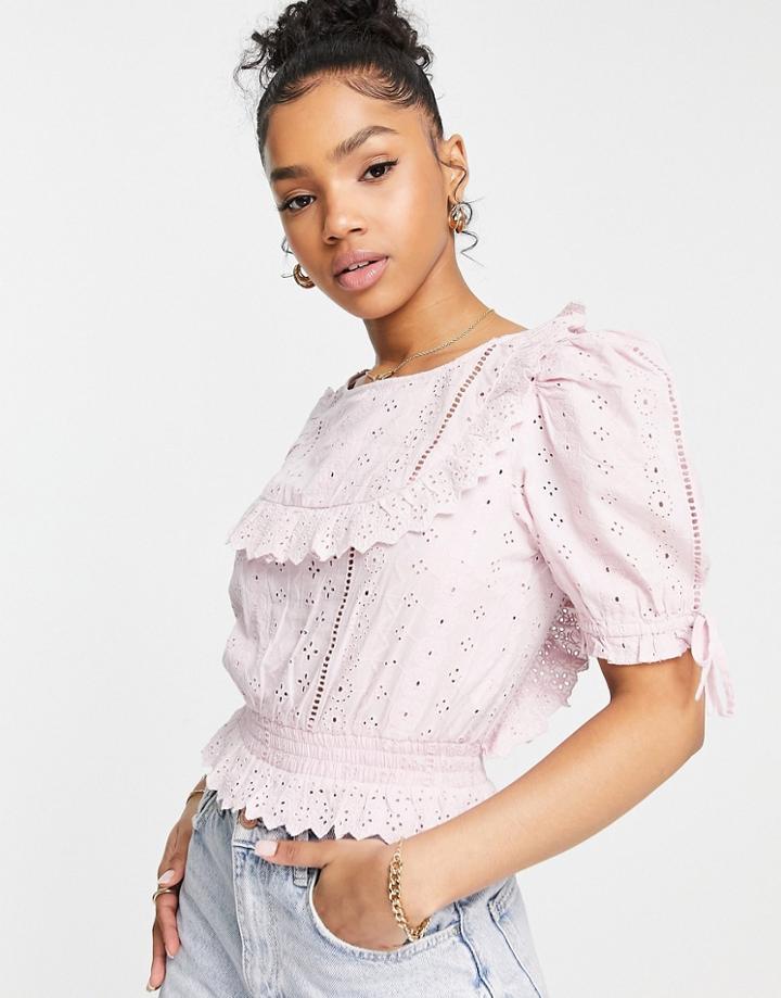 Miss Selfridge Eyelet Ruffle Puff Sleeve Blouse In Lilac-purple