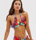 Lost Ink Bright Floral Halter Neck Bikini Top - Multi