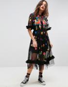 Asos Salon Bird Embellished Smock Midi Dress - Black