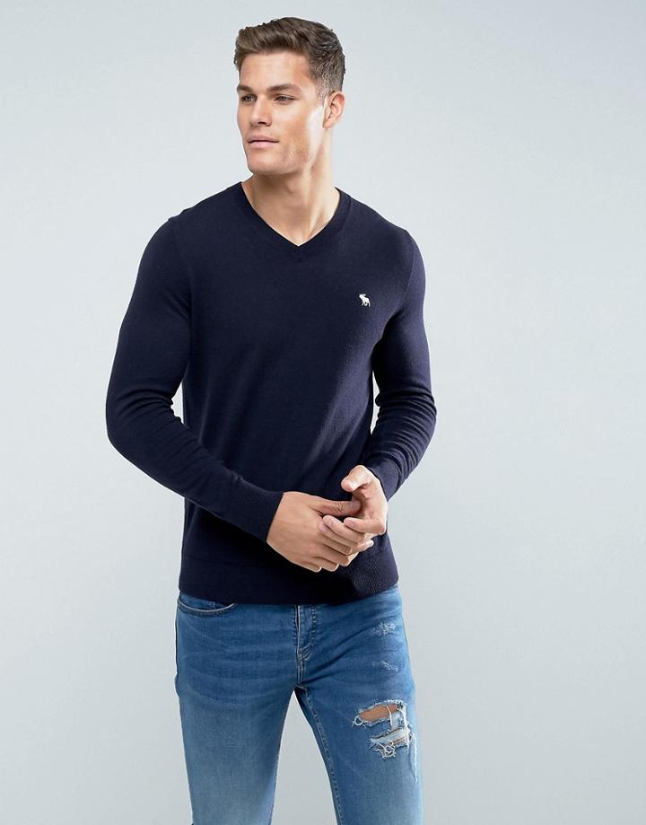 Abercrombie & Fitch V-neck Sweater Fine Gauge Logo In Navy - Navy
