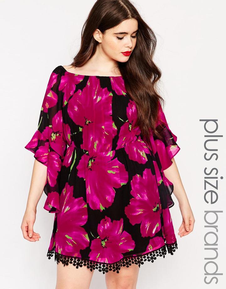 Ax Paris Plus Tunic Dress With Flutter Sleeves And Crochet Hem - Poppy Flower Print