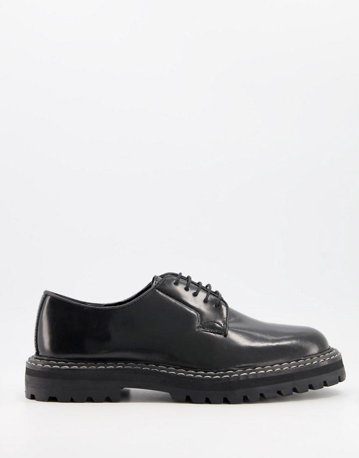 Asos Design Lace Up Shoes With Chunky Sole And Contrast Stitch-black