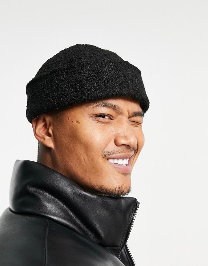 Asos Design Docker Hat In Black Sherpa