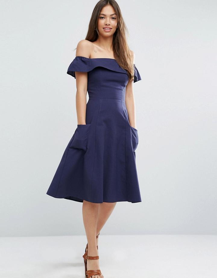 Asos Off Shoulder Dress In Natural Fibre - Navy