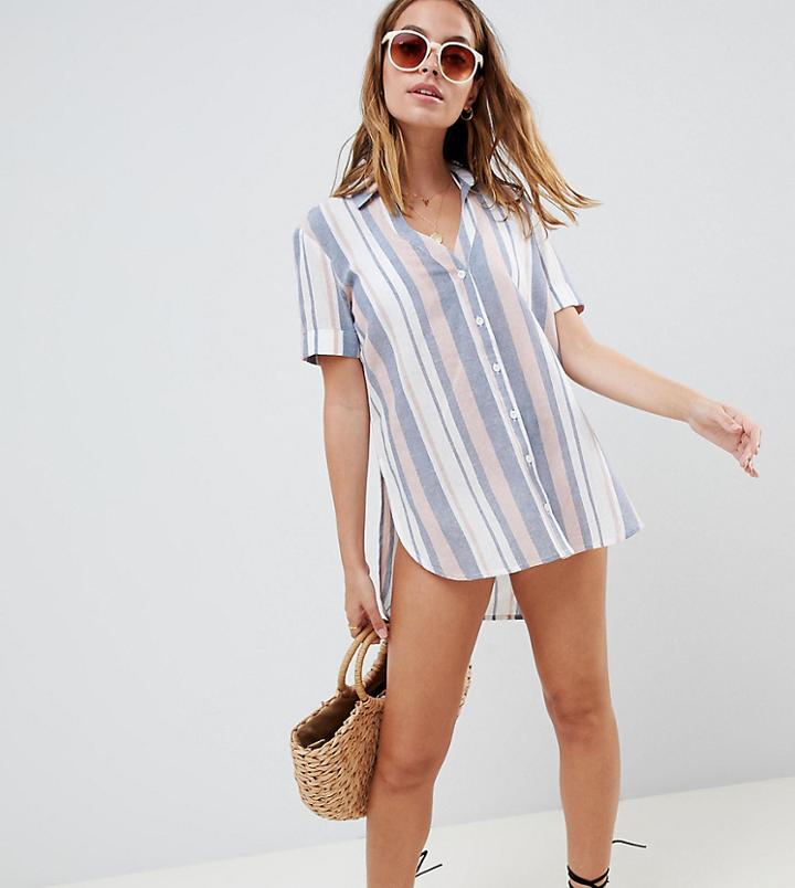 Asos Design Petite Woven Stripe Beach Shirt-multi