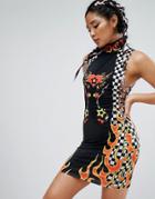 Jaded London Festival Lace Up Mini Dress In Flame Print - Multi