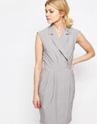 Alter Petite Wrap Front Sleeveless Dress With Lapels - Gray