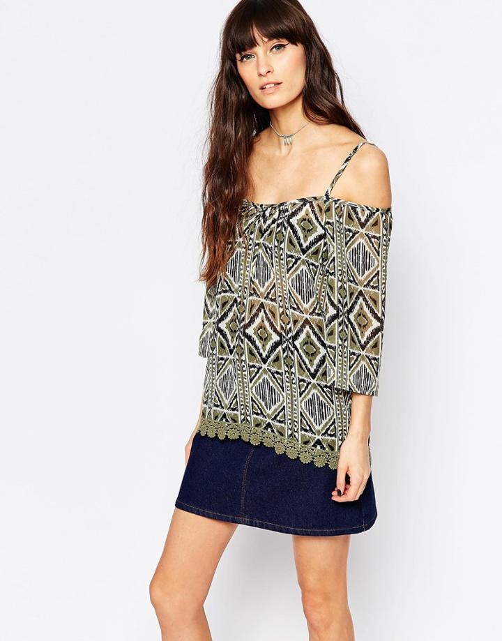 Diya Off The Shoulder Top With Crochet Hem - Khaki