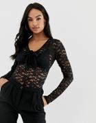 Fashion Union Long Sleeved Lace Top With Pussybow - Black
