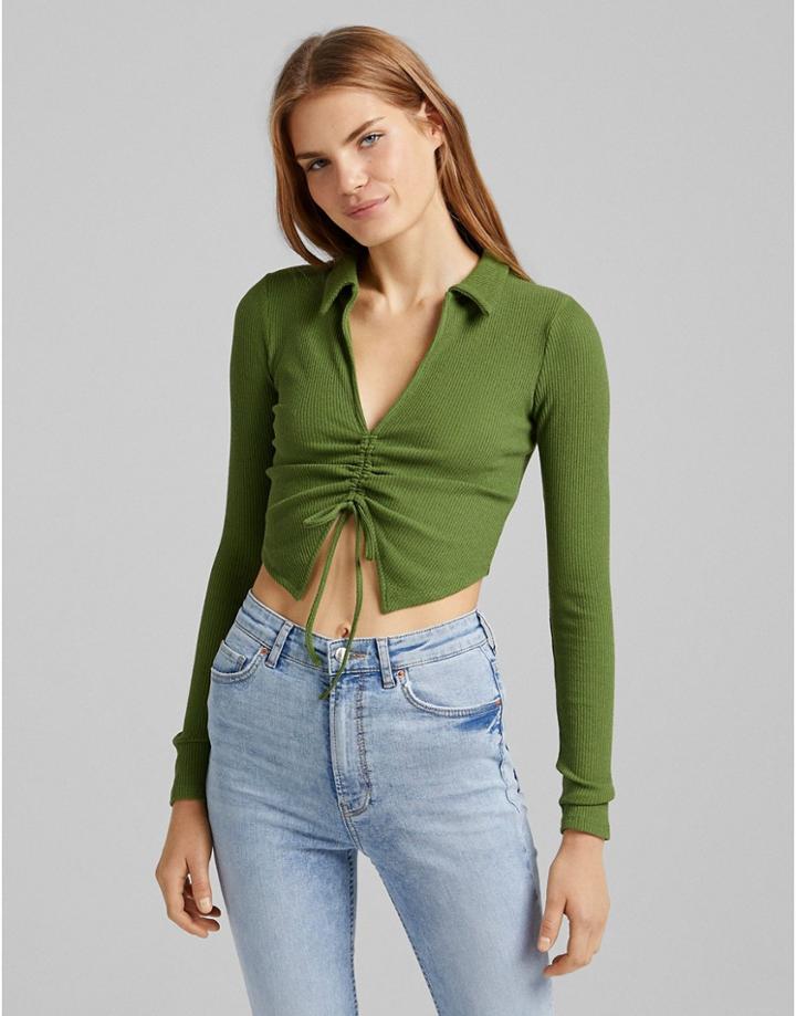 Bershka Ruched Front Long Sleeve Collar Detail Top In Green
