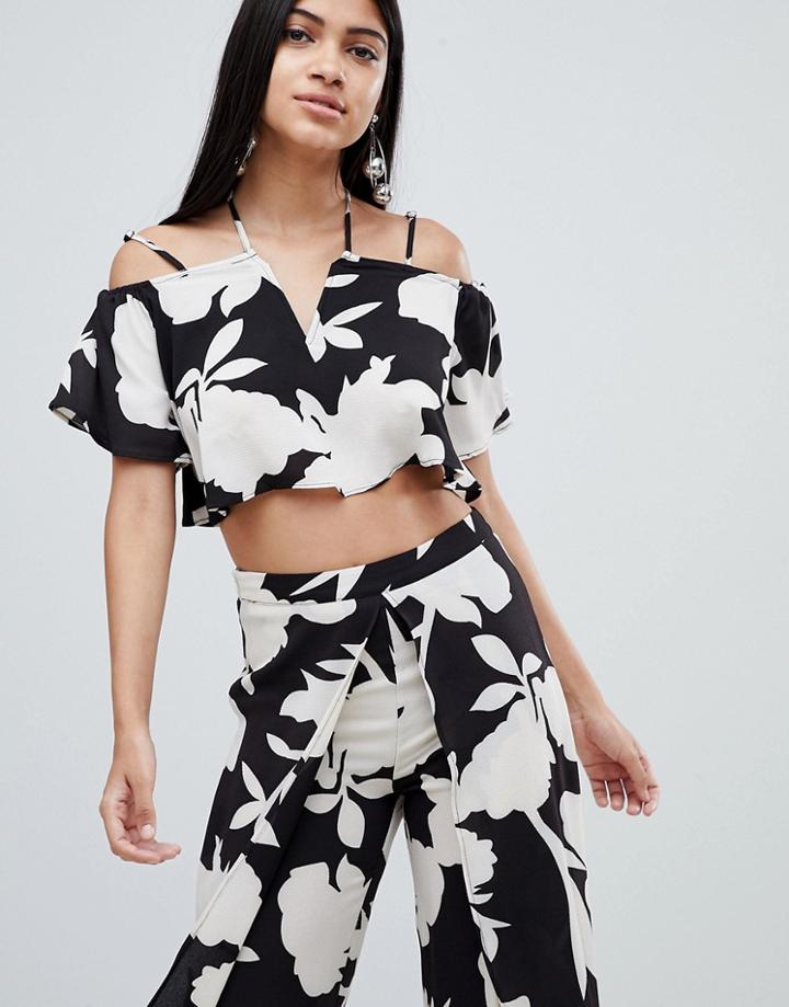 Rare Floral Printed Strappy Bardot Top - Black