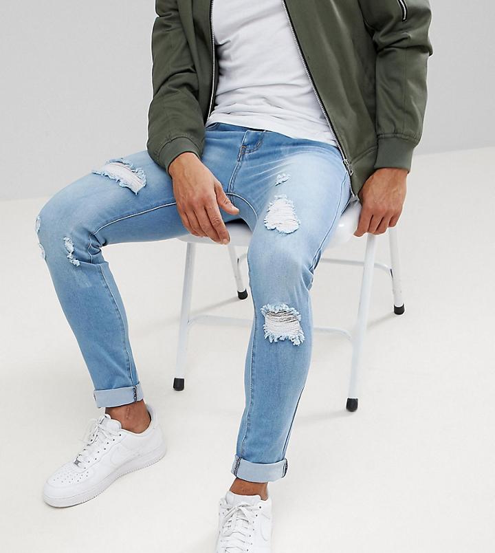 Liquor N Poker Skinny Extreme Rips Jeans In Light Stonewash-blue