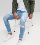 Liquor N Poker Skinny Extreme Rips Jeans In Light Stonewash-blue