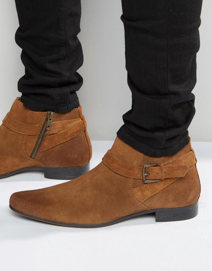 Asos Boots In Tan Suede With Buckle Strap Detail - Tan