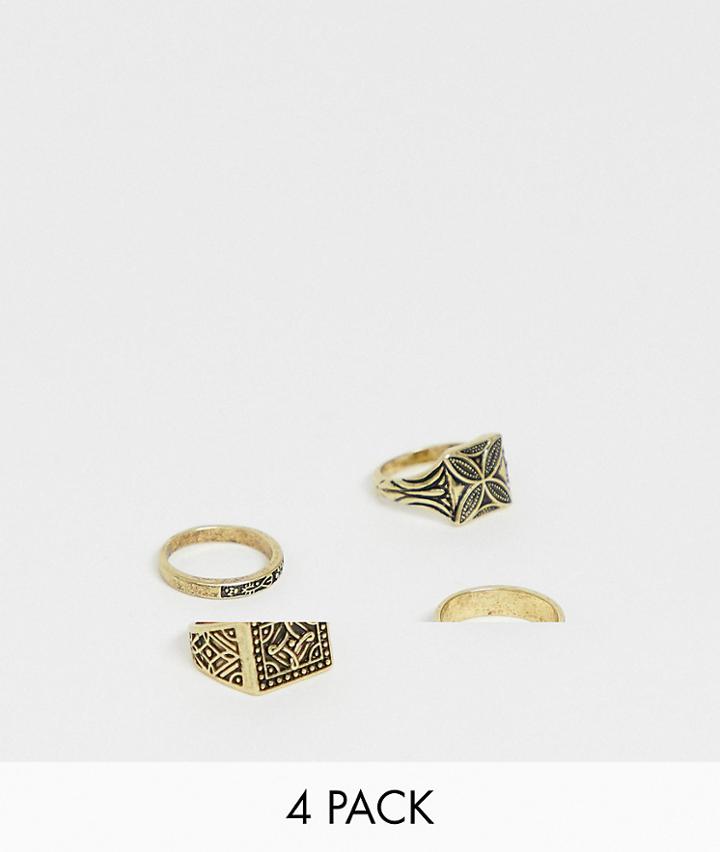 Asos Design Ring Pack With Emboss In Burnished Gold - Gold