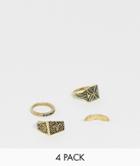 Asos Design Ring Pack With Emboss In Burnished Gold - Gold