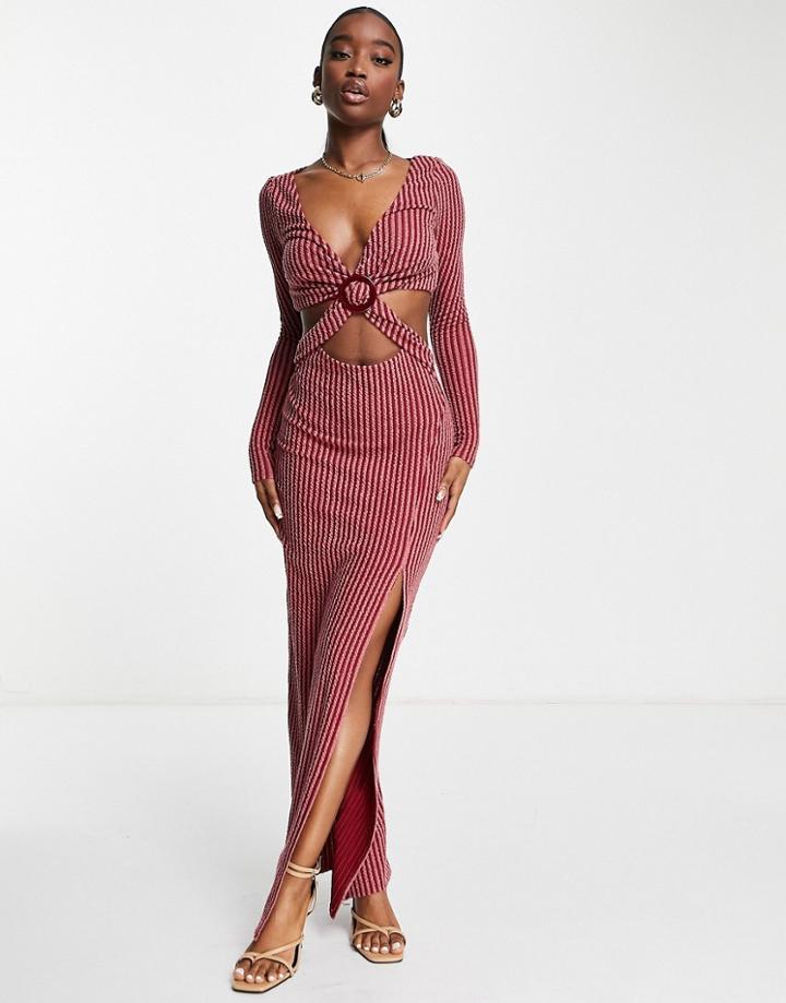 Asos Design Long Sleeve Two Tone Rib Ring Detail Maxi Dress In Red