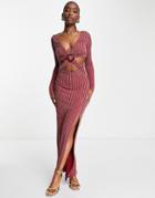 Asos Design Long Sleeve Two Tone Rib Ring Detail Maxi Dress In Red