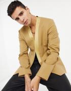 Asos Design Skinny Collarless Blazer In Champagne-green