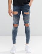 Siksilk Skinny Biker Jeans With Extreme Rips - Blue