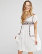 Brave Soul Short Sleeve Dress With Embroidery - Cream