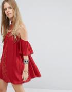 Kiss The Sky Choker Detail Cold Shoulder Dress With Lace Panel - Red