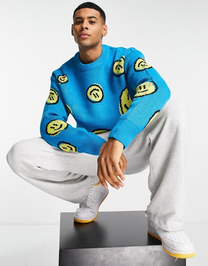 Jack & Jones Jacquard Knit Sweater In Turquoise Smile Pattern-blues