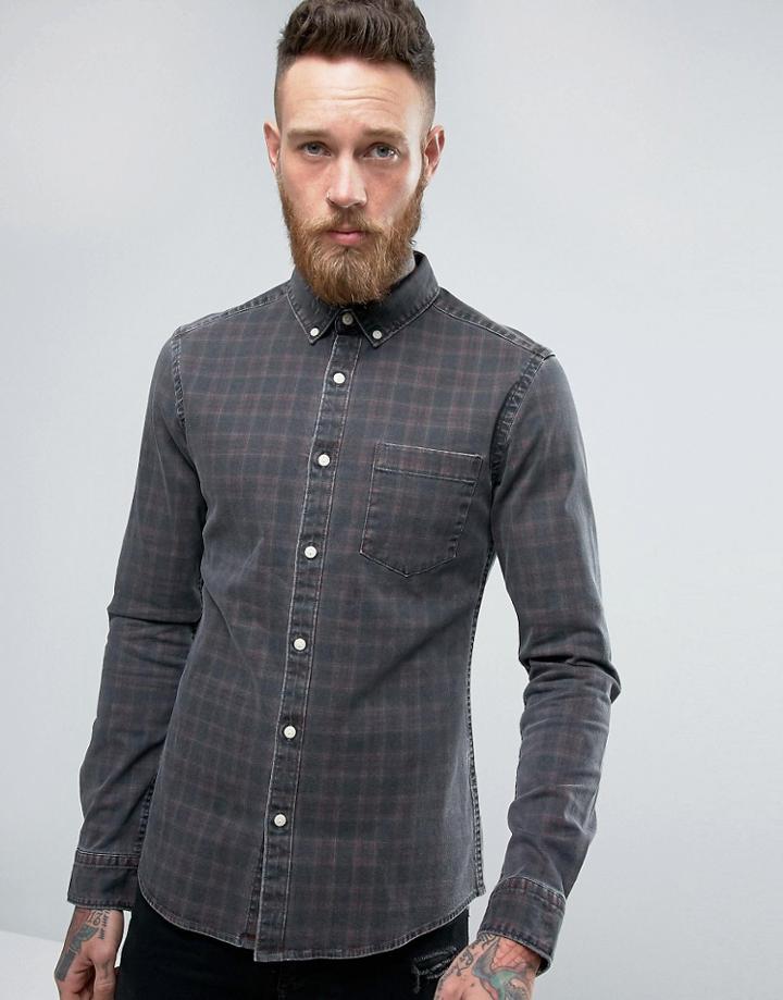 Asos Skinny Denim Check Shirt - Red