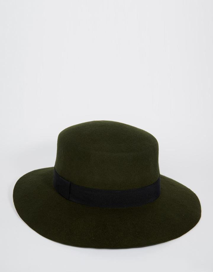 Asos Flat Top Hat In Khaki Felt With Wide Brim - Khaki