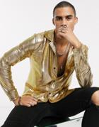 One Above Another Long Sleeve Party Shirt In Gold Metallic