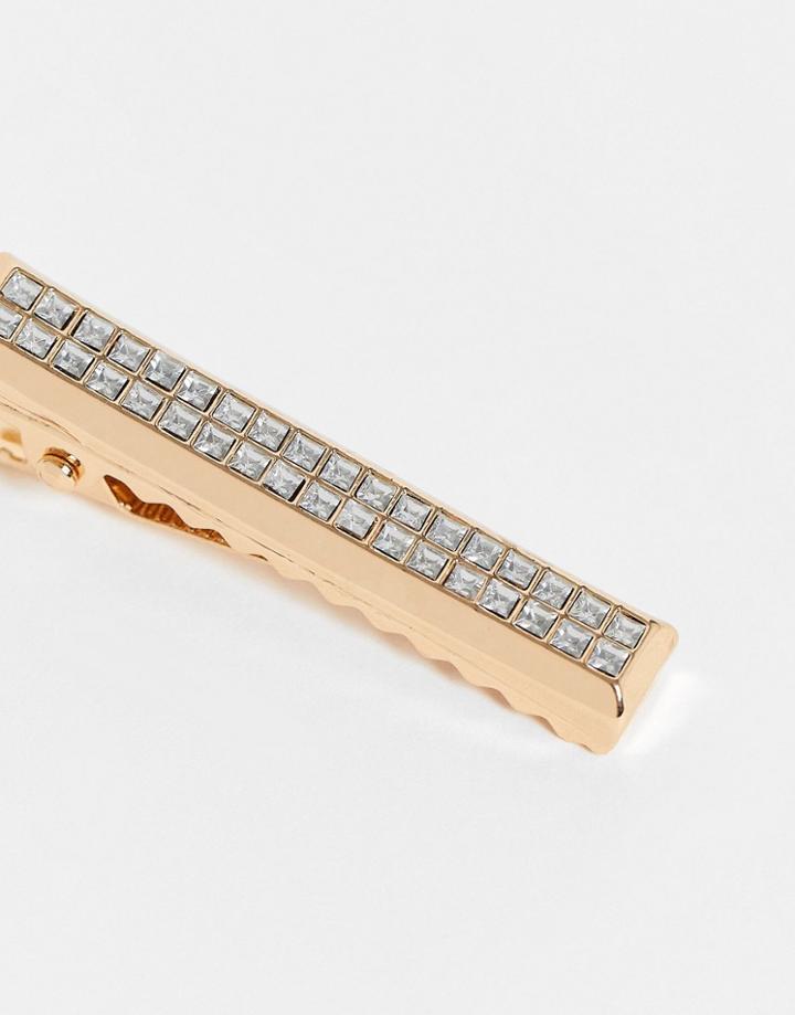 Asos Design Tie Bar With Iced Bling In Gold Tone
