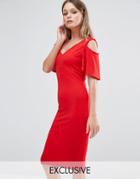 Club L Midi Dress With Cold Shoulder Frill Detail - Red