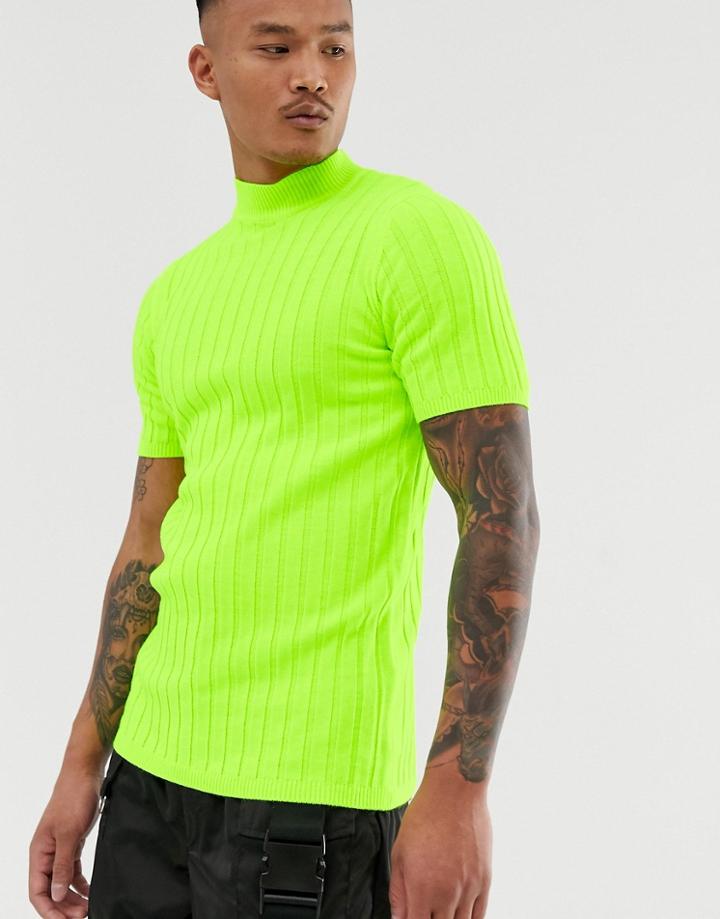 Asos Design Knitted Ribbed Turtle T-shirt In Neon Green - Green