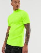 Asos Design Knitted Ribbed Turtle T-shirt In Neon Green - Green