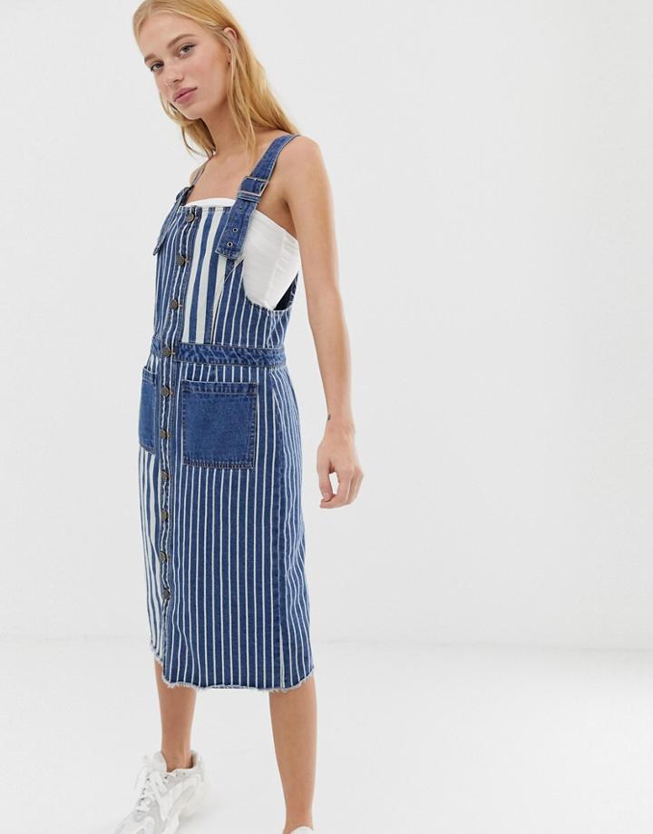 Noisy May Stripe Denim Pinnafore Dress - Blue