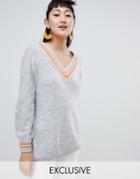 Monki Deep V Neck Sweater In Gray