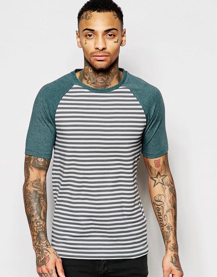 Asos Muscle Stripe T-shirt With Contrast Raglan Sleeves In Green/gray