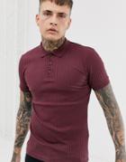 Asos Design Muscle Fit Polo In Rib In Burgundy-red