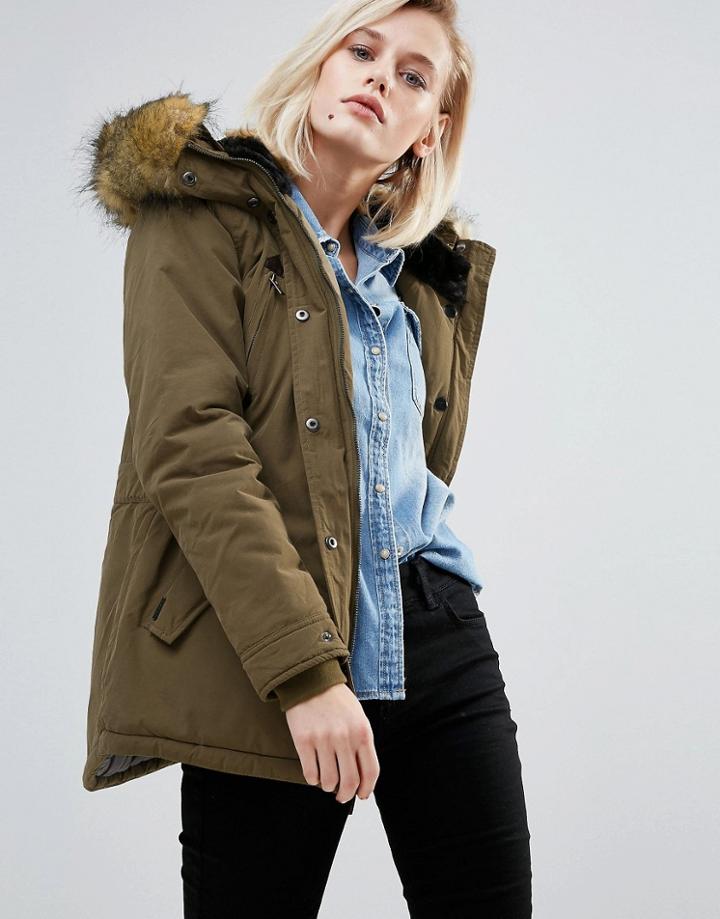 Pepe Jeans Olympia Faux Fur Trim Parka Coat - Green