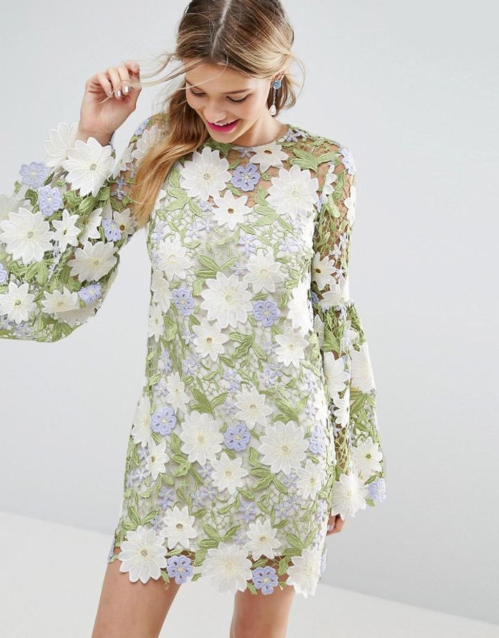 Asos Salon Embroidered Trumpet Sleeve Mini Dress - Multi