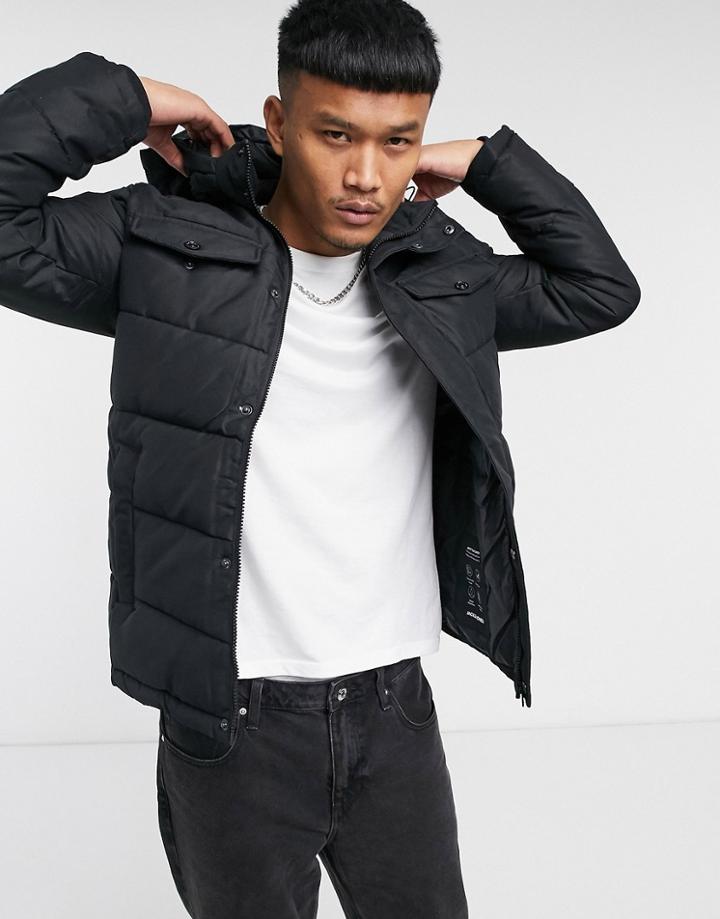 Jack & Jones Originals Puffer With Hood & Pockets In Black