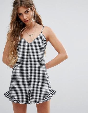 Honey Punch Cami Romper In Gingham - Black