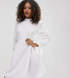 Asos Design Tall High Neck Mini Smock Dress With Pin Tucks And Tie Sleeves - White