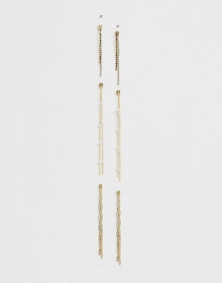 Asos Design Pack Of 4 Earrings With Open Chain And Pearl Front Back Earrings And Studs In Gold - Gold