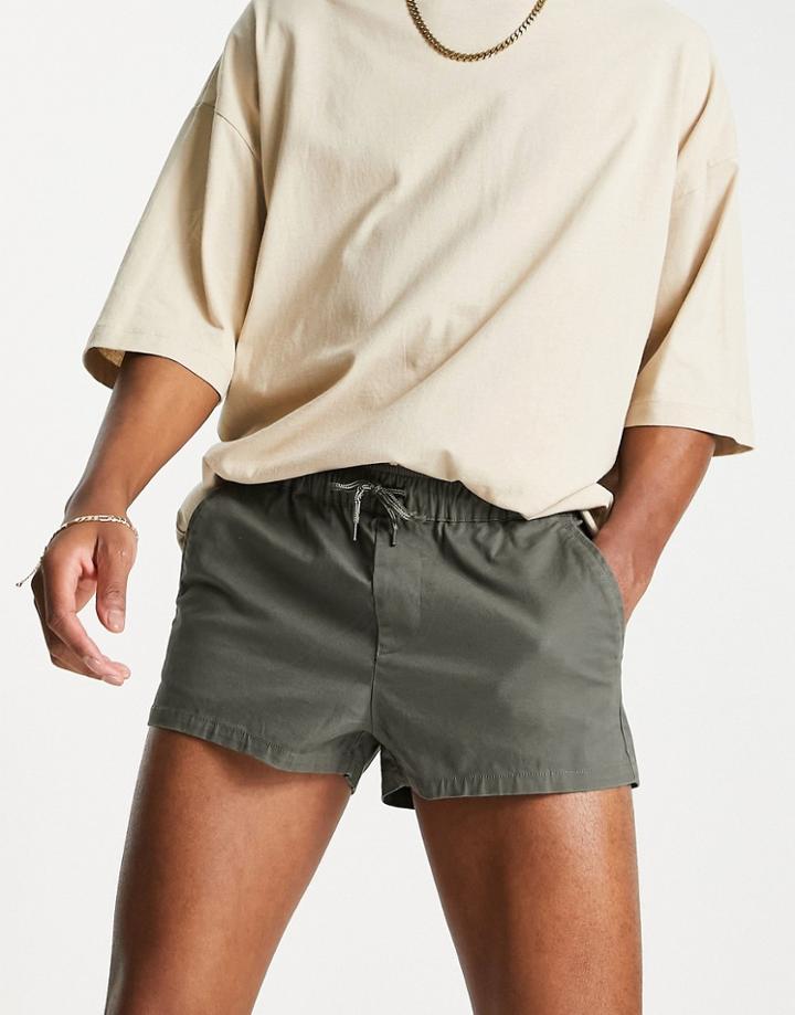 Asos Design Skinny Chino Shorter Shorts With Elasticated Waist In Khaki-green