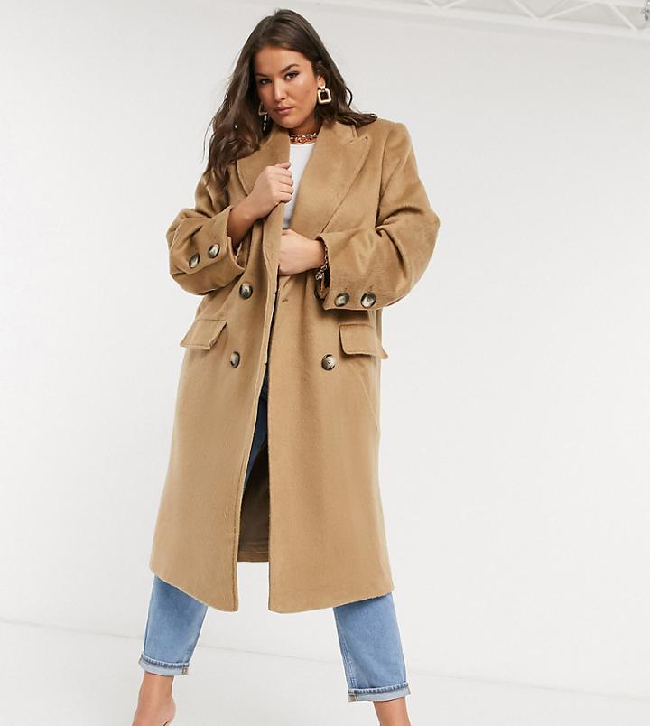 Asos Design Curve Brushed Luxe Maxi Coat In Camel-orange