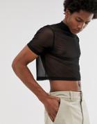 Asos Design Skinny Cropped T-shirt With Turtleneck In Fine Mesh-black
